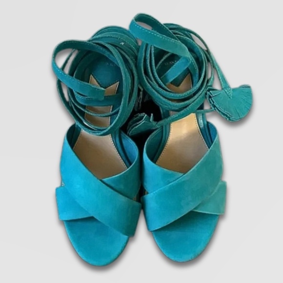 Brian Atwood Astor Nubuck Sandals Block Heel Crisscross Tie Up Aqua Women’s US 7 - Picture 2 of 13